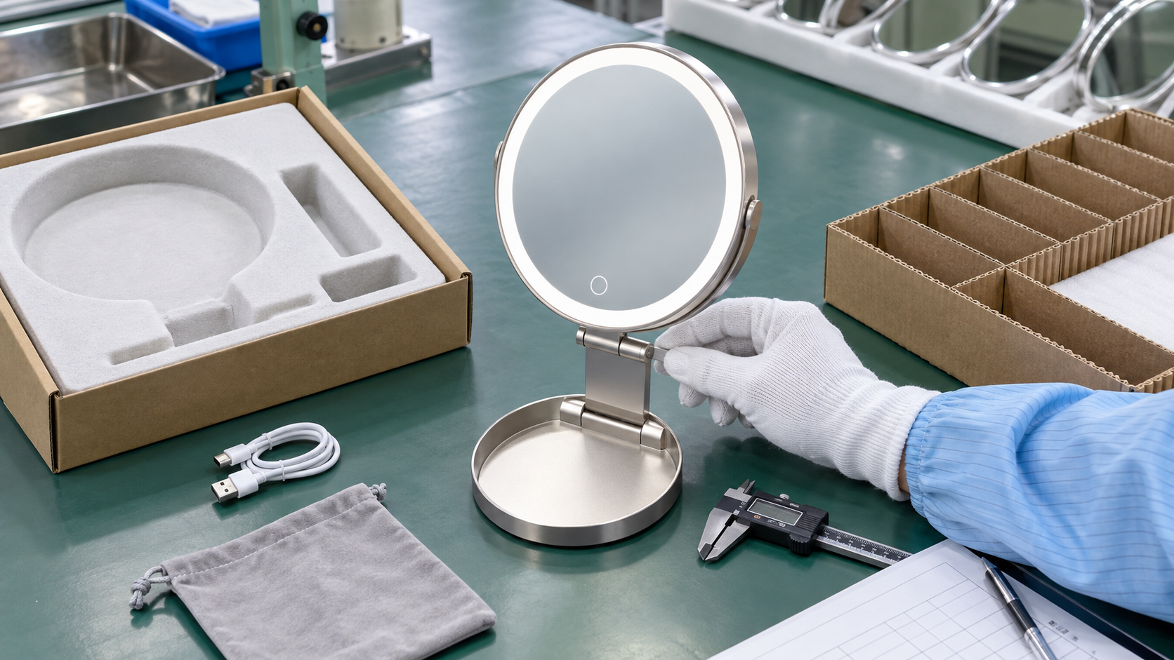 Factory QC review of a complete folding LED makeup mirror with protective packaging and hinge check
