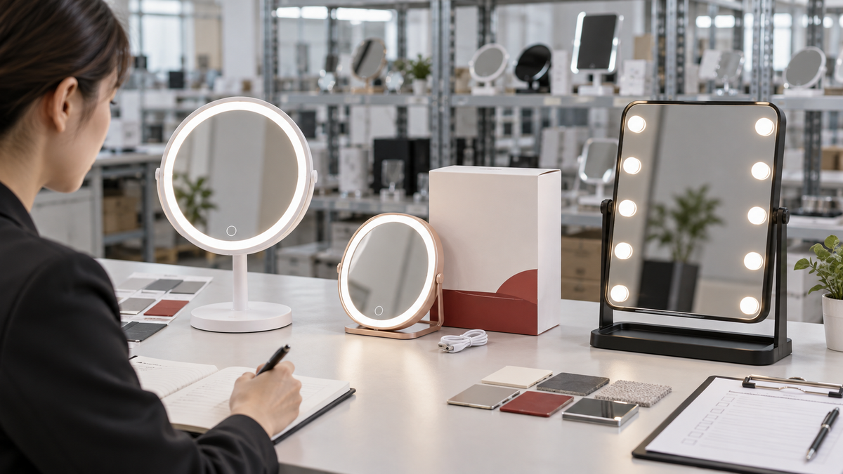 Buyer comparing stock LED makeup mirror private-label packaging and OEM sample specifications