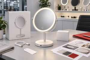 Complete LED makeup mirror sample review desk for stock private label and OEM RFQ decisions