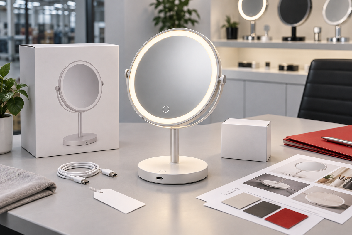 Complete LED makeup mirror sample review desk for stock private label and OEM RFQ decisions