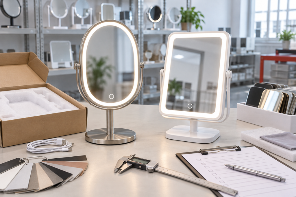Complete LED makeup mirror PP sample approval station with two tabletop mirrors, packaging and QC tools