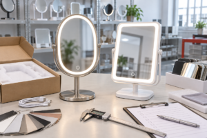 Complete LED makeup mirror PP sample approval station with two tabletop mirrors, packaging and QC tools