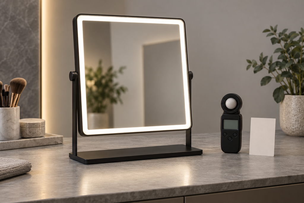 Rectangular LED makeup mirror with even perimeter illumination and lux meter