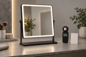 Rectangular LED makeup mirror with even perimeter illumination and lux meter