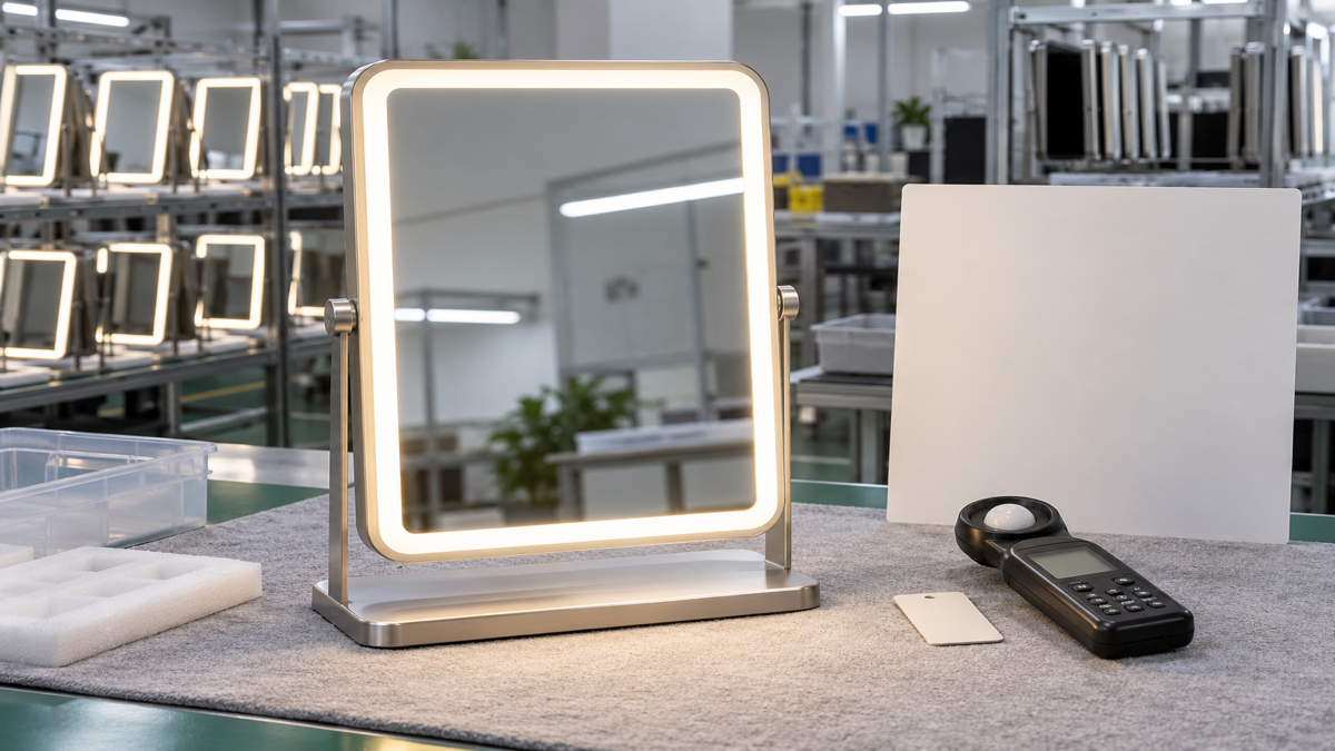 Factory QC evaluation of a complete rectangular LED makeup mirror with uniform perimeter light and lux meter