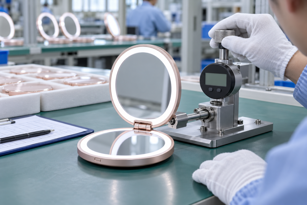 Complete rechargeable LED compact makeup mirror during a hinge durability test at a factory QC station