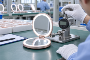 Complete rechargeable LED compact makeup mirror during a hinge durability test at a factory QC station