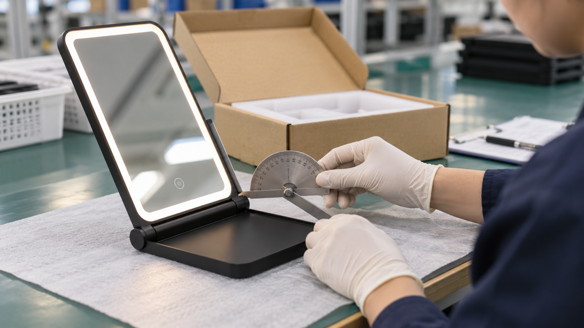Technician checking a rectangular LED makeup mirror hinge angle at a QC workstation