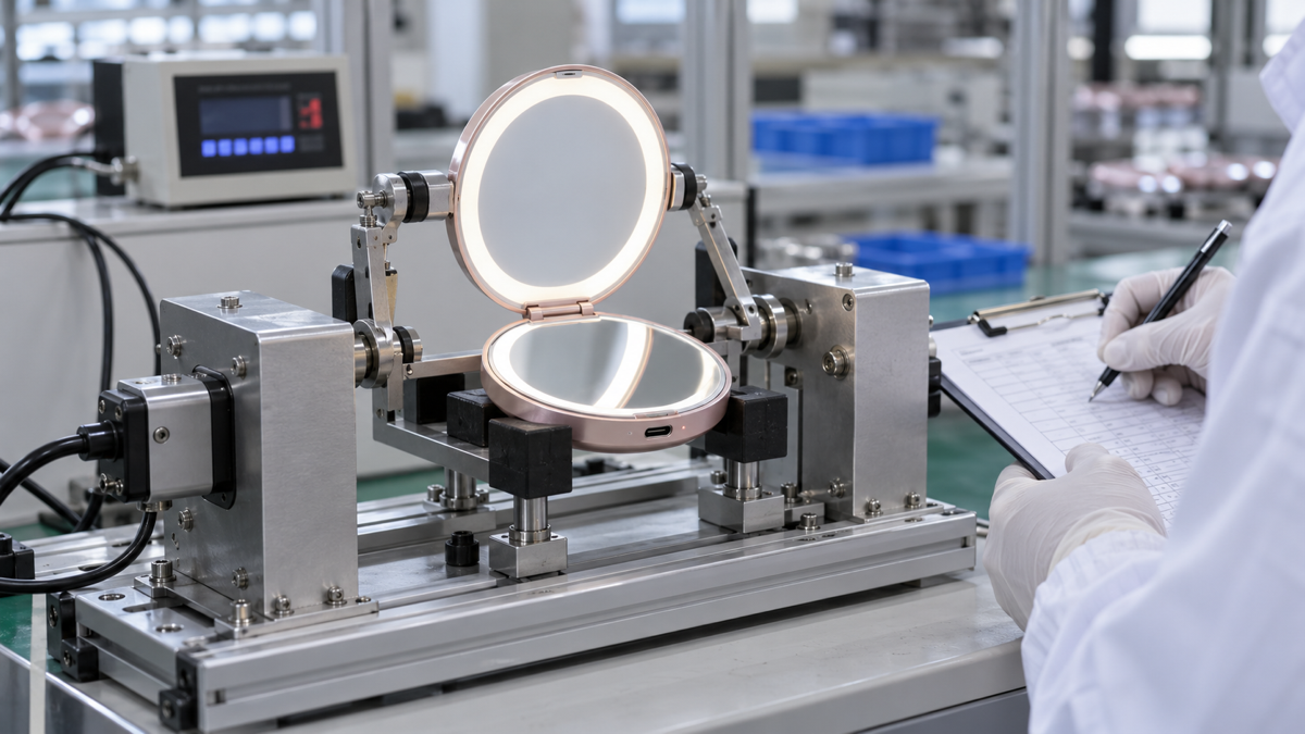Complete rechargeable LED compact makeup mirror secured in a hinge endurance fixture at a factory QC bench