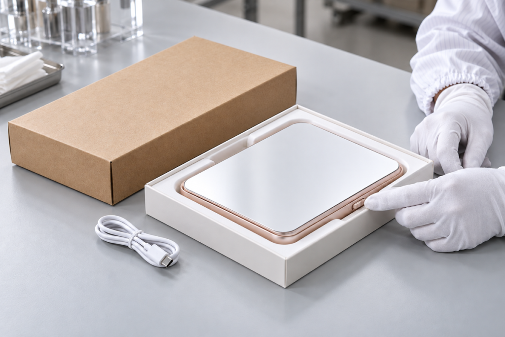 Complete rechargeable LED makeup mirror in a protective retail tray while a technician tests the travel-lock slider