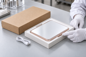 Complete rechargeable LED makeup mirror in a protective retail tray while a technician tests the travel-lock slider