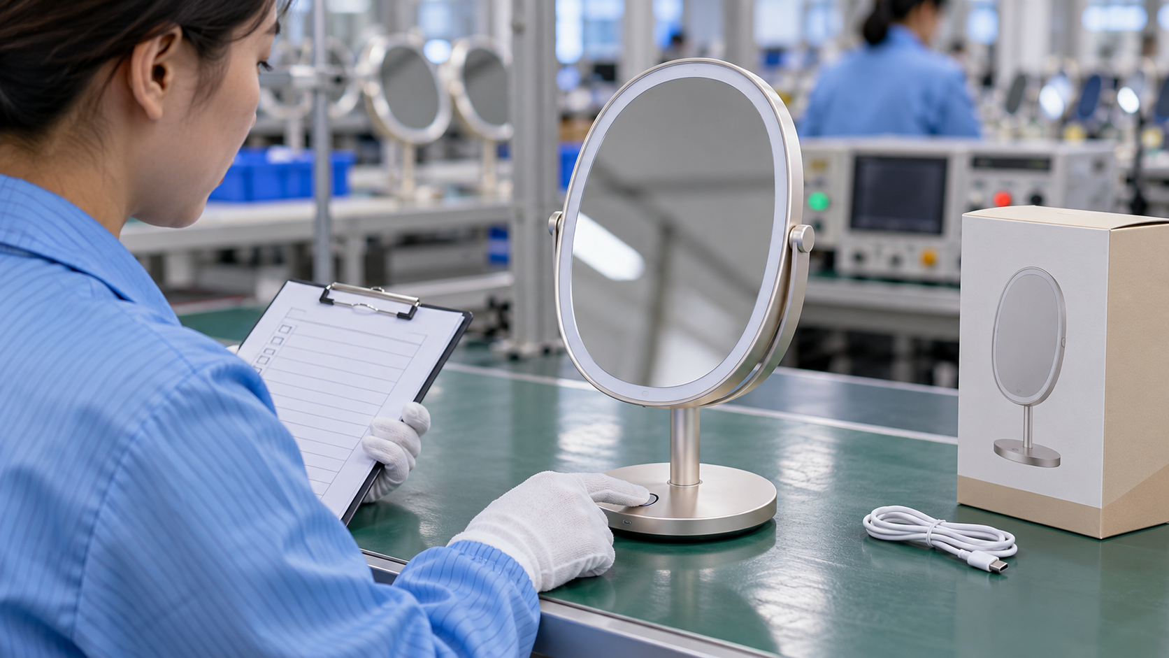 Factory technician checks the touch control of a complete rechargeable LED makeup mirror at a pre-shipment quality-control station