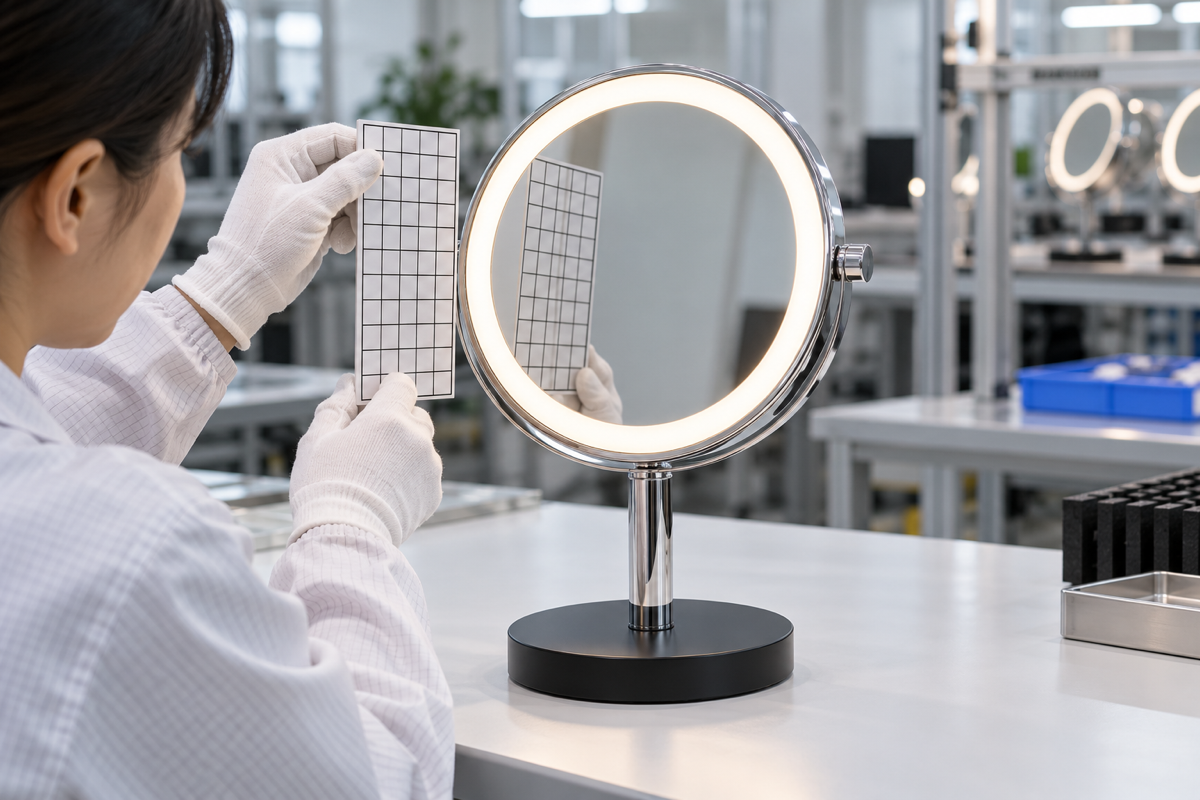 Quality inspector using a reflection grid to inspect a complete illuminated tabletop LED makeup mirror