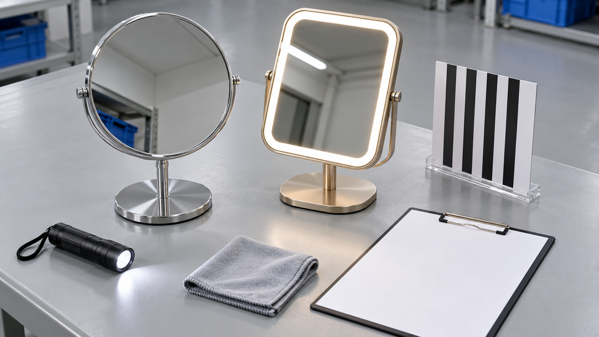 Two complete tabletop makeup mirrors, a reflection-line card, inspection light, microfiber cloth, and blank acceptance sheet on a quality-control bench