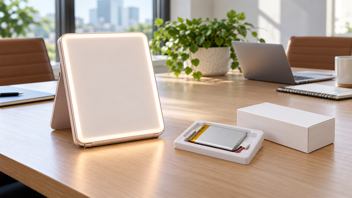Concept illustration of a folding lighted makeup mirror and separate battery pack in protective packaging