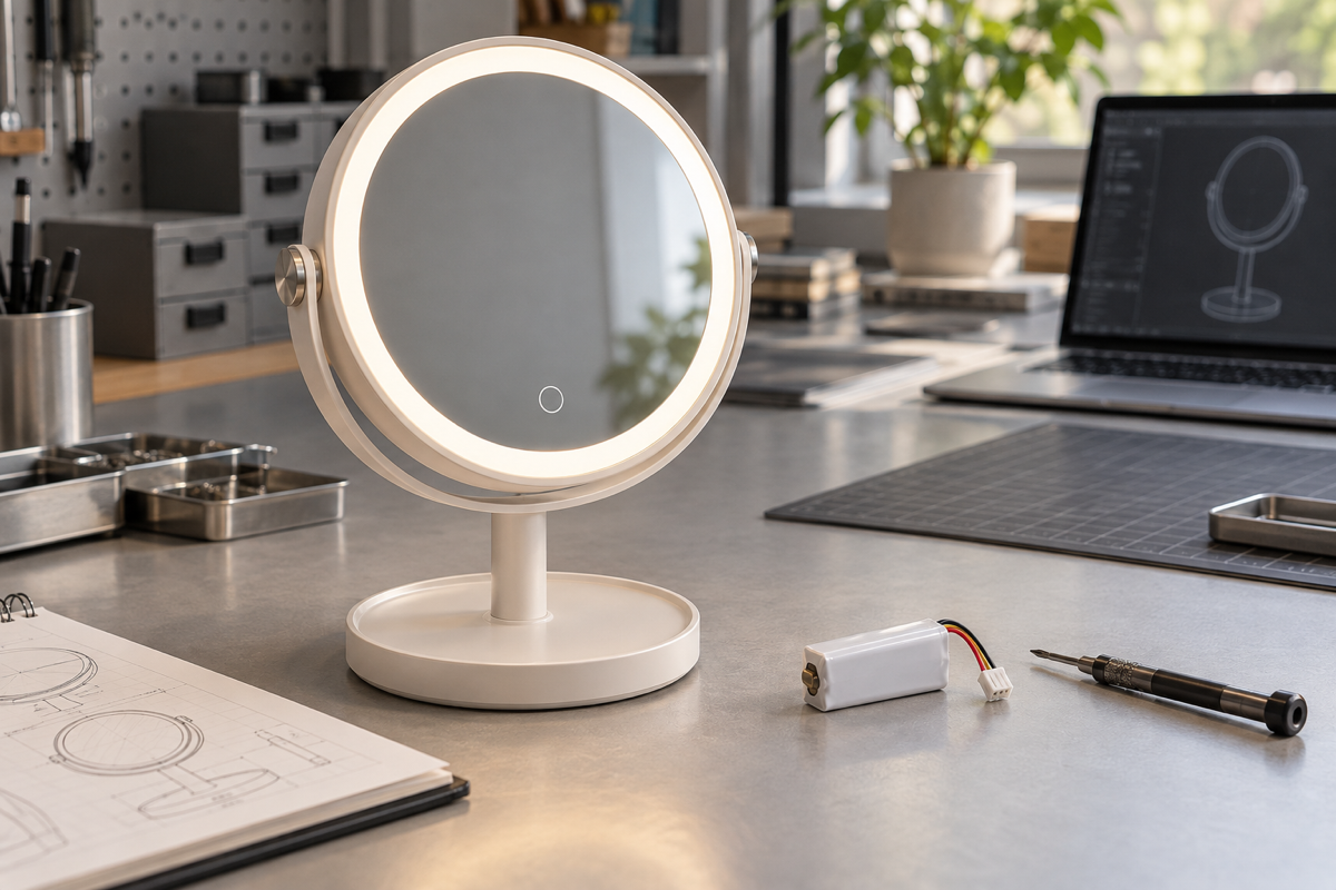 Concept illustration of a complete illuminated makeup mirror and a separate battery module on a design bench