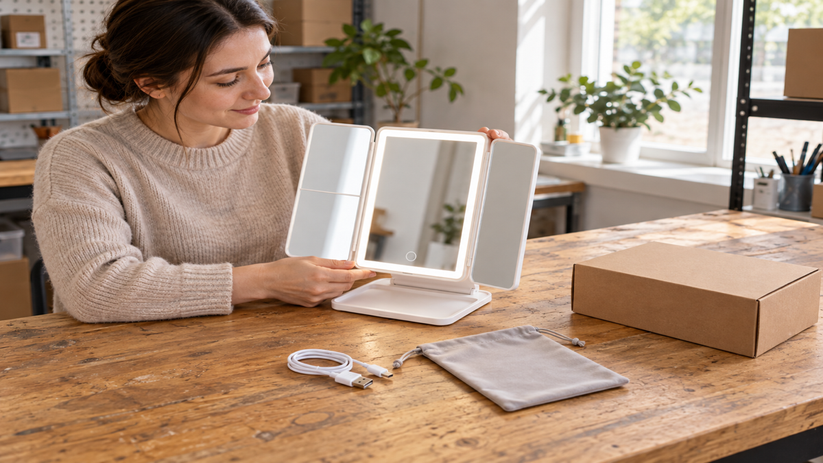 Concept illustration of a folding LED makeup mirror being checked beside a cable and shipping carton