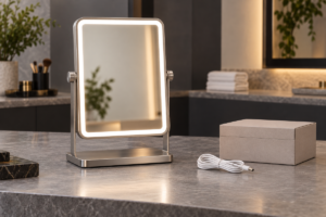 Concept illustration of an illuminated tabletop mirror and spare cable in a service setting