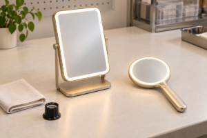 Concept illustration of illuminated tabletop and handheld mirrors on an inspection bench