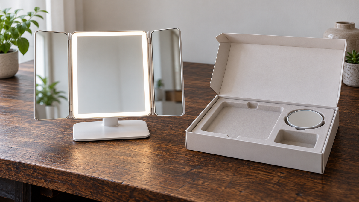 Conceptual folding LED mirror and protective retail packaging during quality review