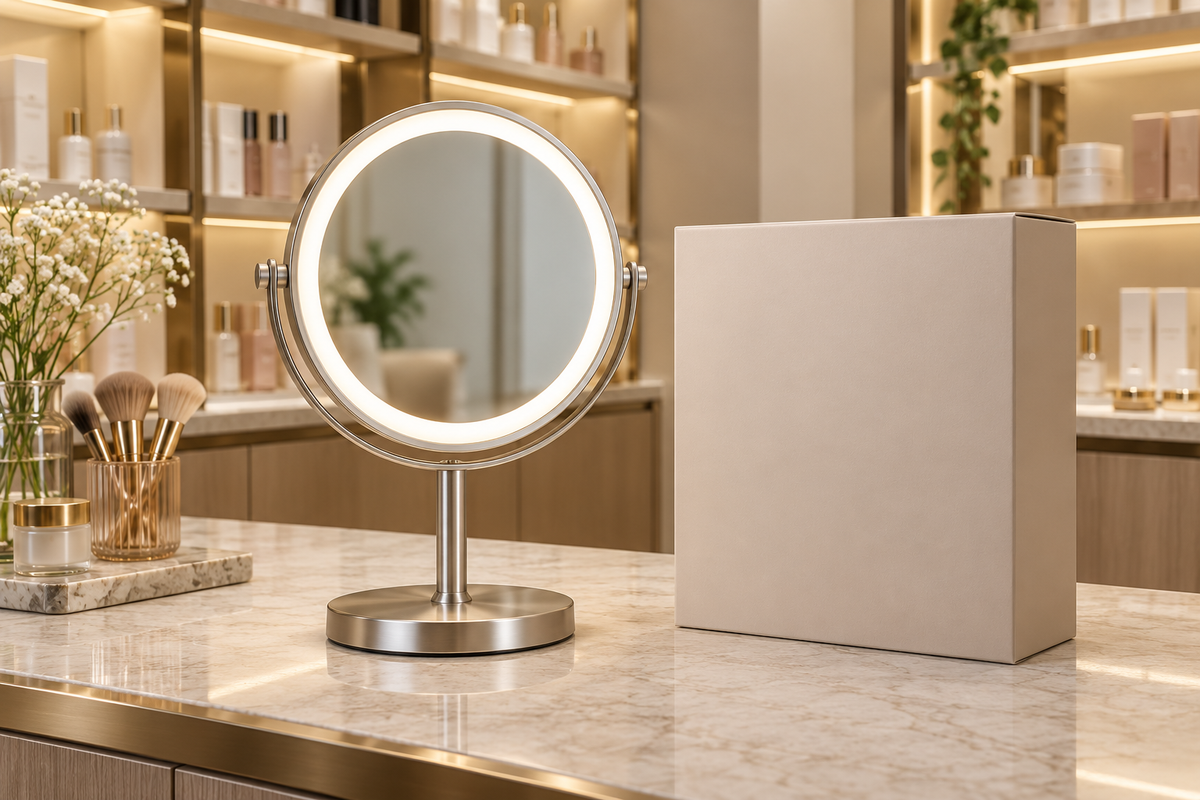 Concept illustration of a lighted makeup mirror displayed in a retail setting