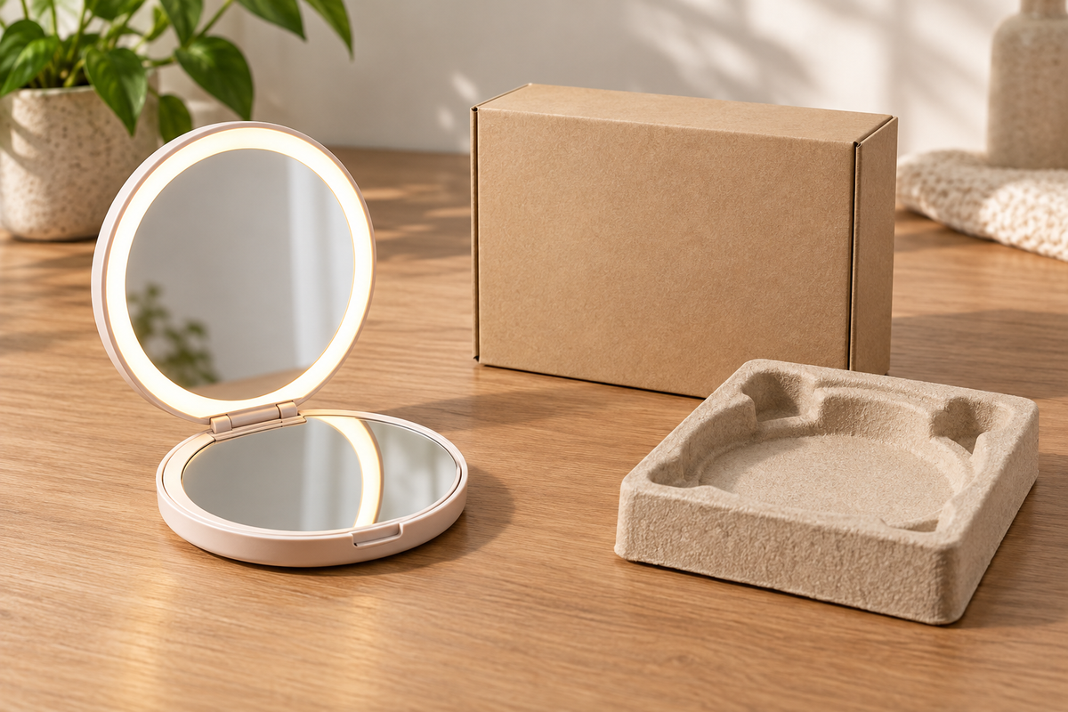 Concept illustration of an illuminated folding mirror and protective packaging