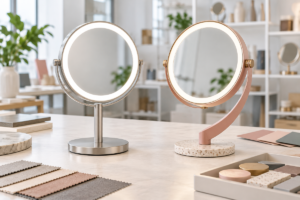 Two complete illuminated tabletop makeup mirrors representing standard and customized product platforms
