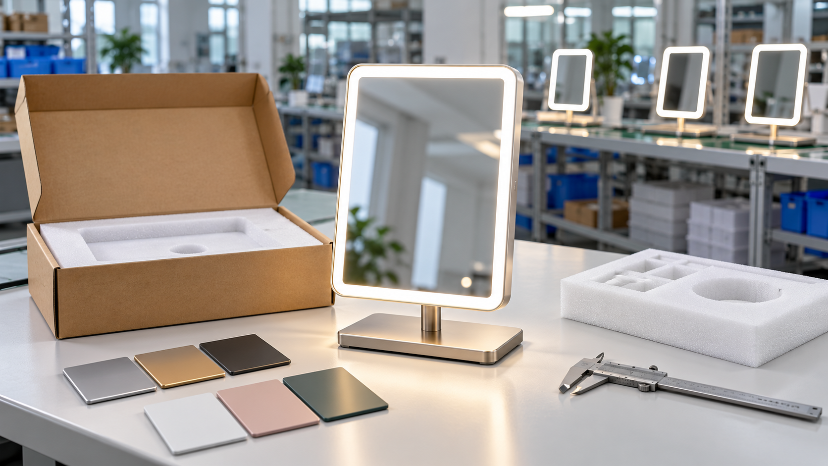 Complete rectangular LED makeup mirror with foam packing insert, finish samples and caliper on a factory sample-approval bench